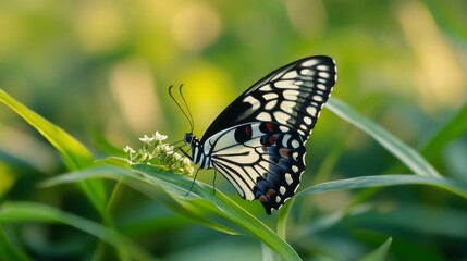 Elegant Black and White Butterfly Resting on Green Leaves