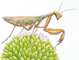 Hyper-realistic watercolor painting depicting a praying mantis gracefully perched on a leaf in a natural green environment