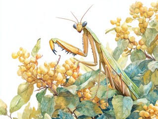Hyper-realistic watercolor painting of a praying mantis resting on a bush surrounded by lush green foliage and natural beauty
