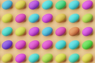 Many colorful eggs on sandy brown background. Top flat view, vertical. 3d render, illustration
