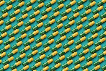 Many green and yellow pills on teal background. Top flat view, ordered. 3d render, illustration