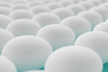 Many white eggs on turquoise background. Closeup view, macro shot, selective focusclose up shot. 3d render, illustration