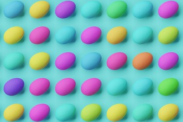 Many colorful eggs on turquoise background. Top flat view, vertical. 3d render, illustration