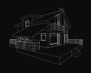 A house with a slanted roof and a balcony. The house is black and white. The house is a modern design
