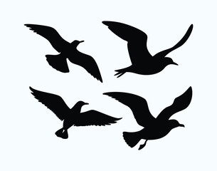 Minimalist Black and White Silhouette of Various Birds in Flight