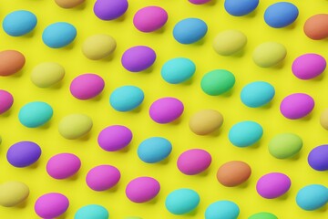 Many colorful eggs on yellow background. Top flat view, order. 3d render, illustration