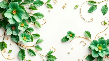 Elegant Green Floral Frame Spring Leaves Flowers Gold Accents White Background