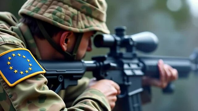A soldier in camouflage uniform aims a sniper rifle. On his sleeve is a patch with the image of the flag of the European Union.