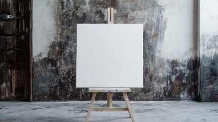 Vibrant white canvas resting on a wooden easel in a bright studio filled with natural light and creative energy for artistry