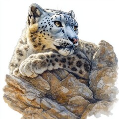 Obraz premium Majestic snow leopard resting gracefully on a rocky outcrop surrounded by a beautiful natural landscape