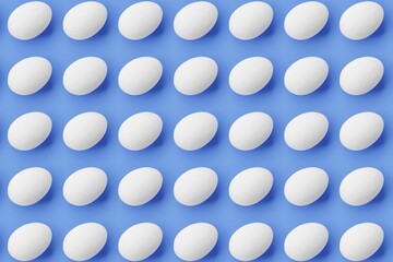 Many white eggs on royal blue background. Top flat view, vertical. 3d render, illustration