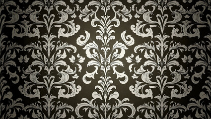decorative damask pattern including complex floral and scroll motifs. elegant and classic wallpaper style. symmetrical and repeating look	