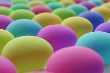 Many colorful eggs on white background. Closeup view, macro shot, selective focusclose up shot. 3d render, illustration