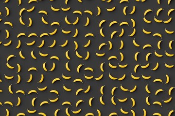 Many bananas on black background. Top flat view, disorder and grid, diagonal. 3d render, illustration