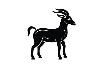 A black and white silhouette vector art drawing of a goat with curved horns and standing on all fours.eps