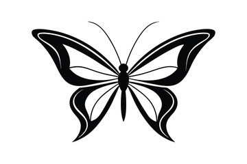 A black and white silhouette vector art of a butterfly with wings spread wide.eps