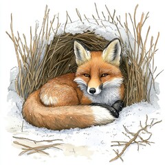 Obraz premium Delightful watercolor painting of a fox curled in a , sleeping warmly in a snowy den during the winter season