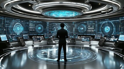 Man in futuristic control room.