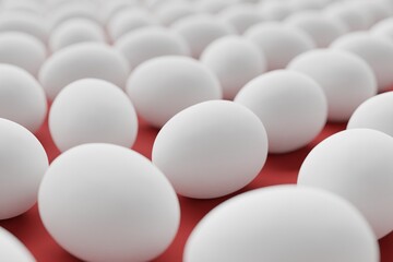 Many white eggs on maroon background. Closeup view, macro shot, selective focuscloseup shot. 3d render, illustration