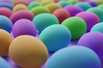 Many colorful eggs on medium purple background. Closeup view, macro shot, selective focuscloseup shot. 3d render, illustration