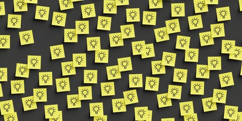 Many yellow stickers on black board background with lamp symbol drawn on them. Flat layout. 3d render, Illustration