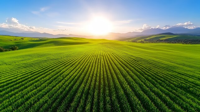 Green Field and Mountains with Bright Sunlight and Blue Sky Landscape Scenic View