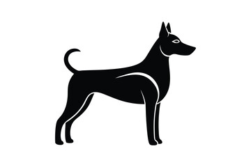 A black and white silhouette vector art of a dog standing in profile.eps