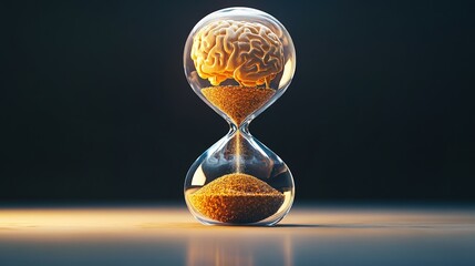 A Symbolic and Stylized Hourglass Illustrating a Human Brain Gradually Emptying Its Contents to Depict Time's Impact on Cognitive Abilities