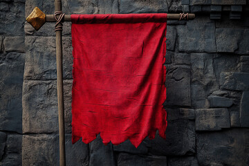 A tattered red banner hanging on a wooden pole against a stone wall in an old castle setting