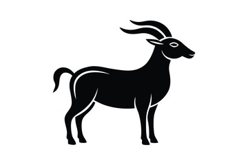A black and white silhouette vector art of a goat with curved horns and standing on all fours.eps