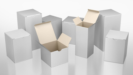 White closed and open cardboard small boxes. 3d illustration on white background