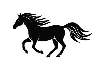 A black and white silhouette vector art of a horse in mid-gallop.eps
