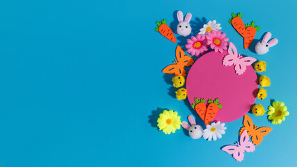 Vibrant easter celebration banner design with bunnies and flowers. Copy space