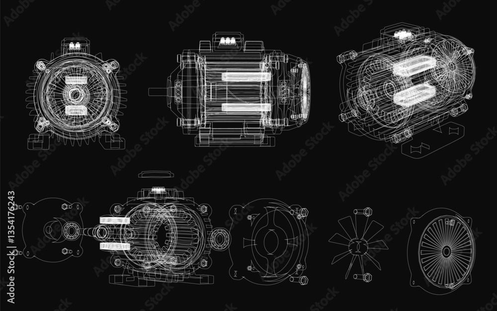 Poster a series of drawings of different types of motors. the drawings are in black and white and appear to