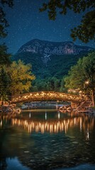 Fototapeta premium Twilight Sky Over Old Wooden Bridge with Deep Blue Reflection