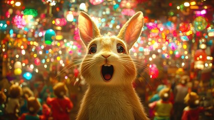 A light brown rabbit with dark eyes, the size of a house, towering in an awe-inspiring city scene.