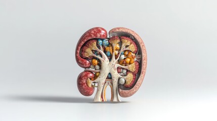 Naklejka premium Detailed Anatomical Rende of a Human Kidney Dissected to Reveal Colorful Internal Structures and Nephrons Connected by Intricate Branching