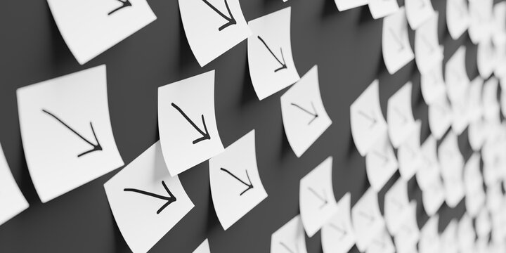 Many white stickers on black board background with decrease symbol drawn on them. Closeup view with narrow depth of field and selective focus. 3d render, Illustration