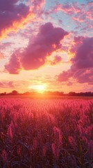 Obraz premium Dreamy Sunset with Pink and Orange Sky Over Field of Grass