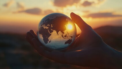 Globe in hand against a beautiful sunset with light reflecting on the earth symbolizing global unity and peace