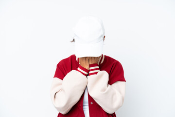 Young hispanic woman wearing a baseball uniform isolated on white background with tired and sick expression