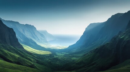 Obraz premium serene valley landscape lush green mountains ocean view