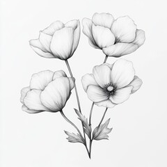 Delicate ink drawing of three beautiful flowers set against a pure white background in an elegant arrangement