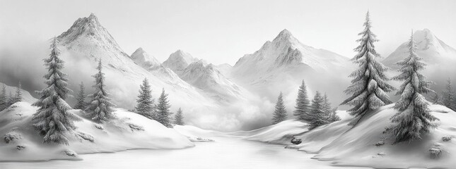 Serene snowy landscape featuring majestic trees and mountains under a clear blue sky creating a winter wonderland