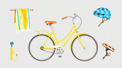 Fototapeta premium Summer Cycling Yellow Bike Helmets Towel Pump