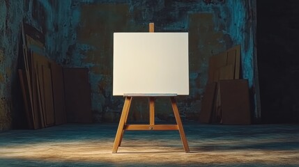 A blank canvas positioned on an easel in a dark room ready for artistic inspiration and creative expression