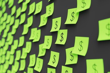 Many green stickers on black board background with symbol of Argentina peso drawn on them. Closeup...