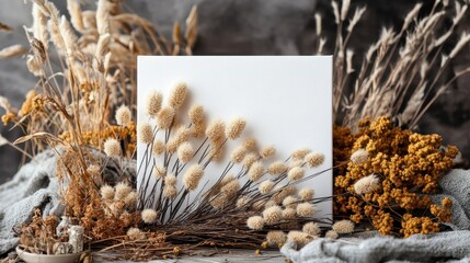 Dried flowers gracefully arranged alongside a blank card creating a soft and serene atmosphere for personalization