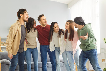Happy friendship, friends unity, diverse students team at home, people showing coomon support,...