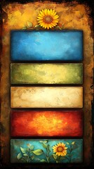 A beautiful painting of a sunflower and colorful rectangular blocks